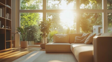Fototapeta premium A bright and airy living room featuring sleek furniture and large windows for a contemporary and comfortable vibe.