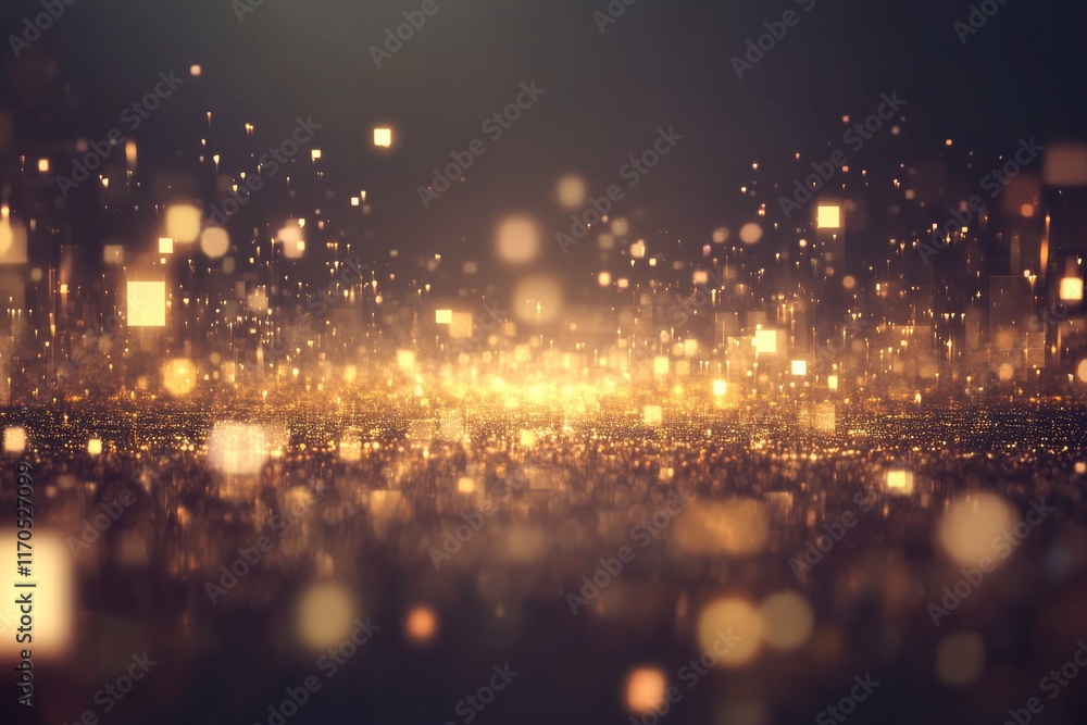 Poster radiant golden light extends outward, creating an elegant atmosphere enhanced by floating geometric 