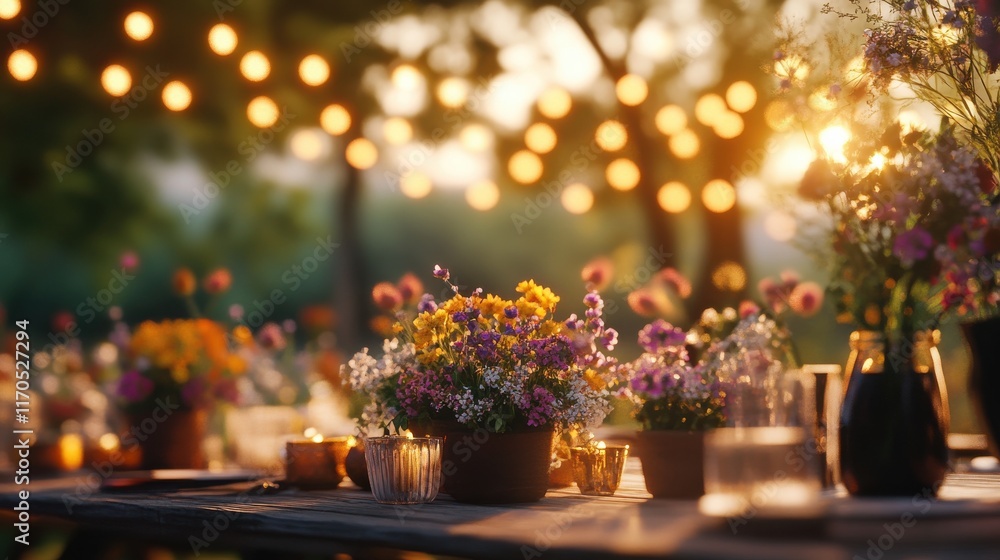 Aufkleber Joyful celebration in a rustic outdoor setting illuminated by warm string lights and surrounded by blooming flowers
