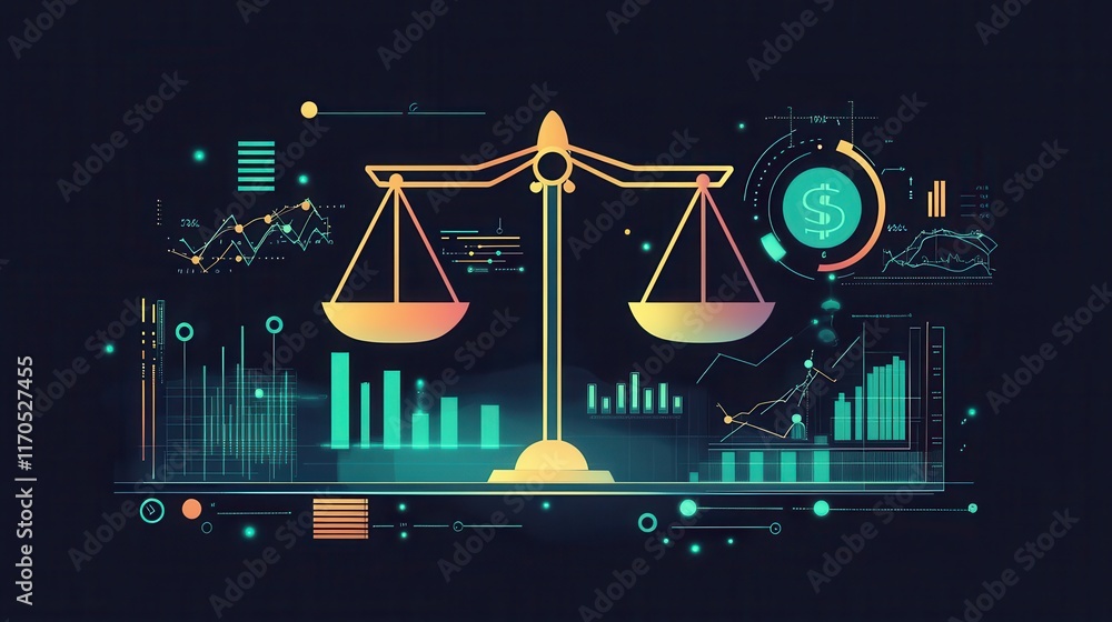Leinwandbilder glowing design of balance scales intertwined with data graphs and financial symbols in a digital env