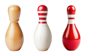Set of three colorful wooden bowling pins