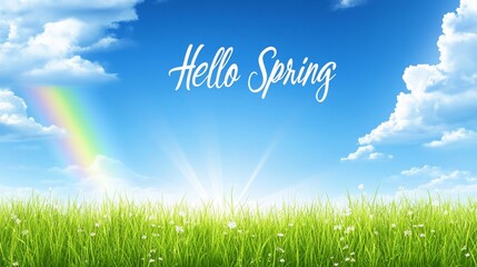 Obraz premium Bright and Cheerful Spring Landscape with Vibrant Green Grass, Flowing Clouds, Rainbow in the Sky, and Elegant Script Typography Welcoming the Season of Growth and Renewal