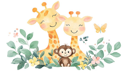 Two cute giraffes and monkey sit among colorful flowers and leaves, with butterfly fluttering nearby, creating cheerful and whimsical watercolor scene