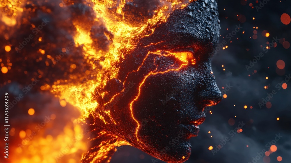 Fototapete dynamic visualization of a fiery face showcasing an explosive blend of lava and rock textures