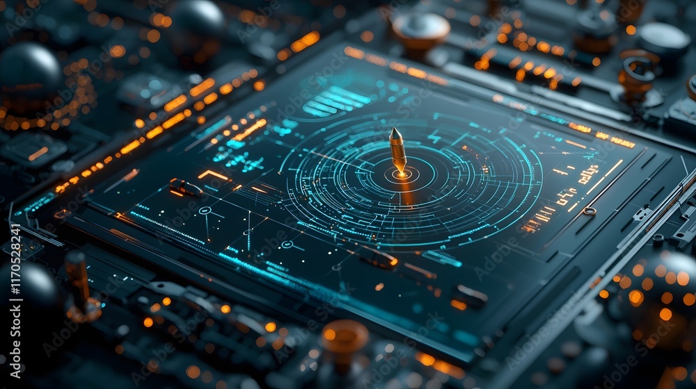 Poster Futuristic quantum computing setup simulating projectile motion on different planetary surfaces with interactive holographic trajectories and copy space on the top