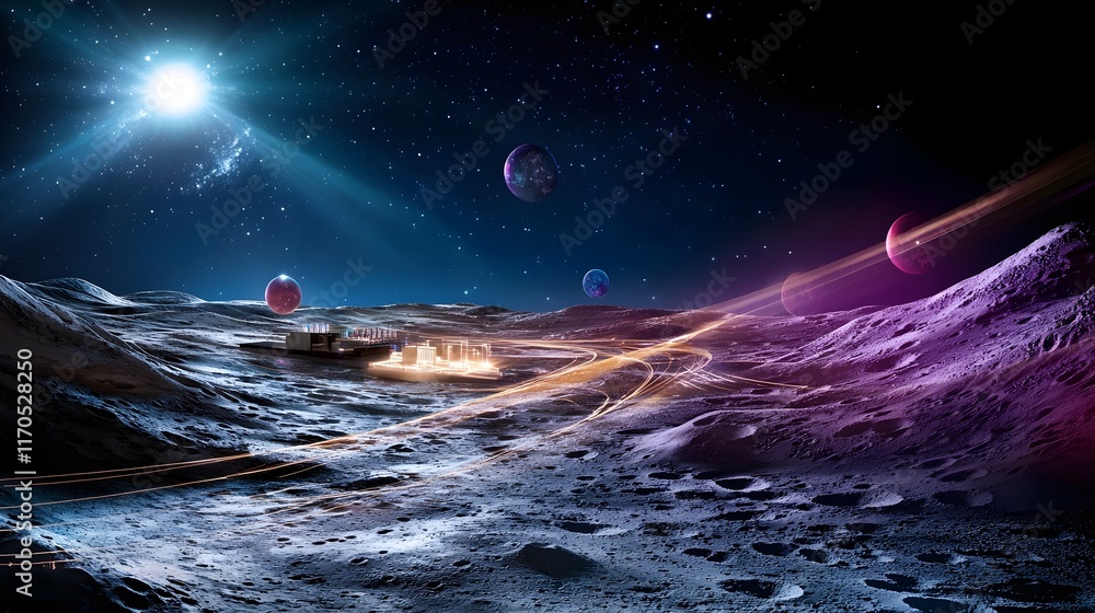 Poster Futuristic quantum computing setup simulating projectile motion on different planetary surfaces with interactive holographic trajectories and copy space on the top of the image
