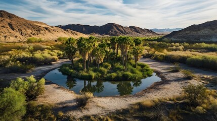 Serene Desert Oasis with Palm Trees and Mountain Reflections