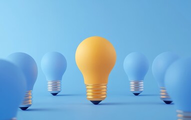 A vibrant yellow light bulb surrounded by blue bulbs, symbolizing creativity and innovative thinking in a bright setting.