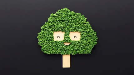 Happy Green Plant Tree Shaped Microgreens on Black Background Nature Ecology Concept