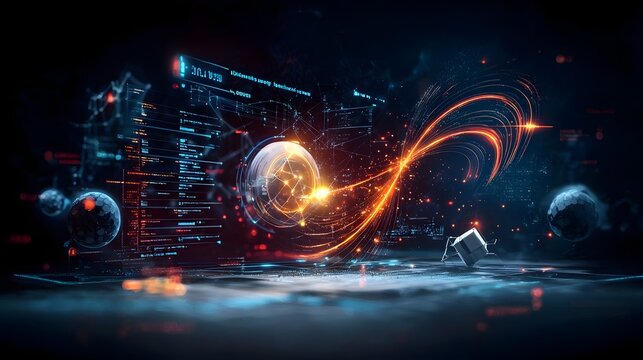 A high tech environment where quantum algorithms predict the motion of projectiles with glowing parabolic arcs and detailed calculations leaving copy space at the bottom left for text overlay