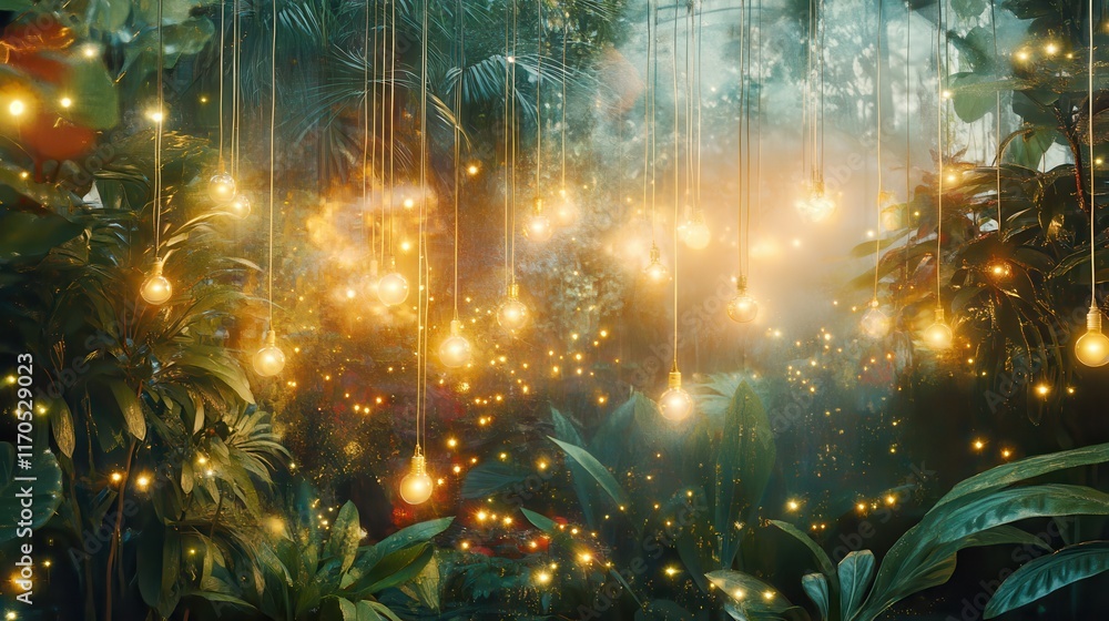 Poster creative double exposure of glowing string lights illuminating a vibrant forest landscape at twiligh