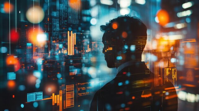 Creative double exposure illustrating a businessman against a digital backdrop filled with abstract data visualizations