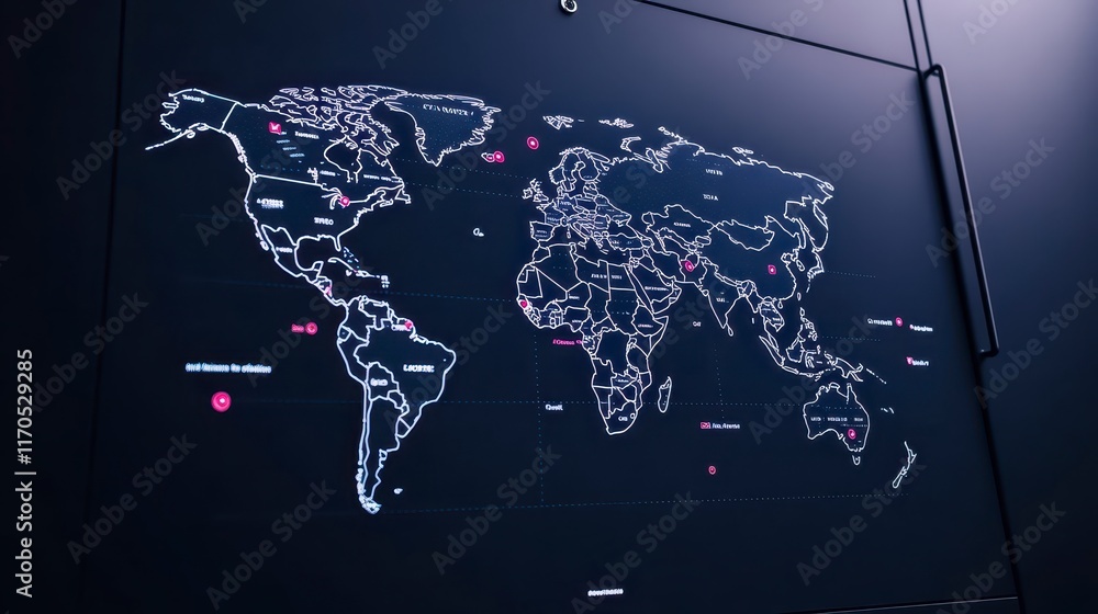 Poster illuminated world map display showing global network connections and locations