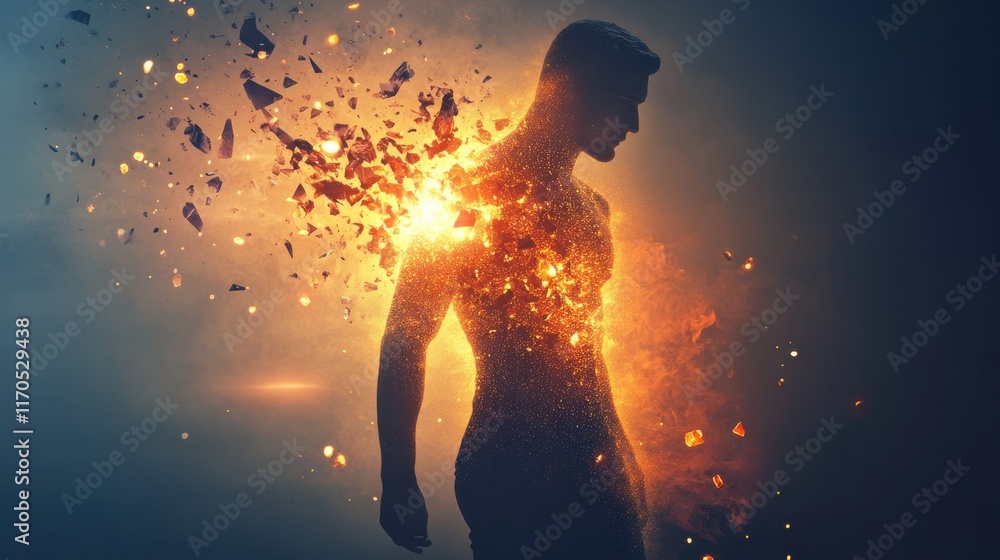 Aufkleber man glowing with energy amidst fragments in a dark backdrop representing transformation and power