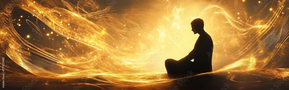 Aufkleber man meditating with a glowing aura in a mystical environment at sunset