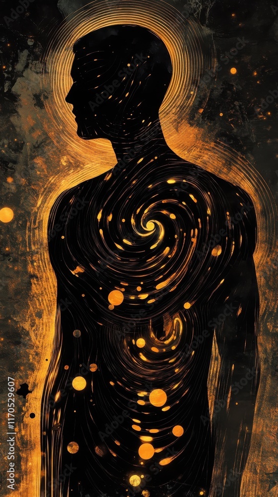 Poster conceptual representation of a man's silhouette filled with swirling cosmic elements and a glowing a