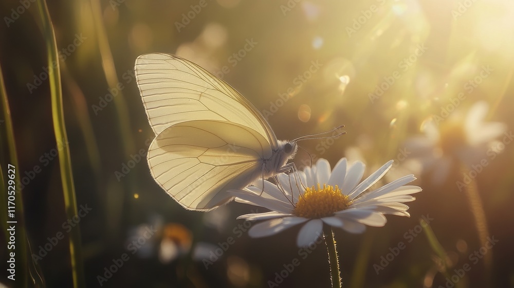Poster close-up of a delicate cabbage white butterfly resting on a daisy in soft sunlight during the mornin