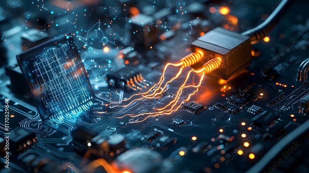 Poster Quantum computing analyzing and visualizing complex electrical systems with pulsating glowing holographic waveforms leaving copy space on the left for text or design elements
