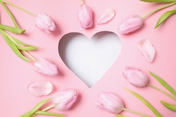 Heart with fresh spring tulips  on pink background. Flat lay, top view. Valentines day, wedding or romantic visual trend. Spring bloom. Space for text 