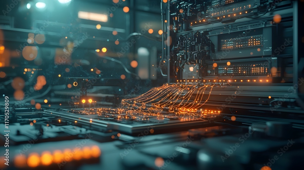 Poster quantum computing visualizing futuristic electricity distribution network with holographic represent