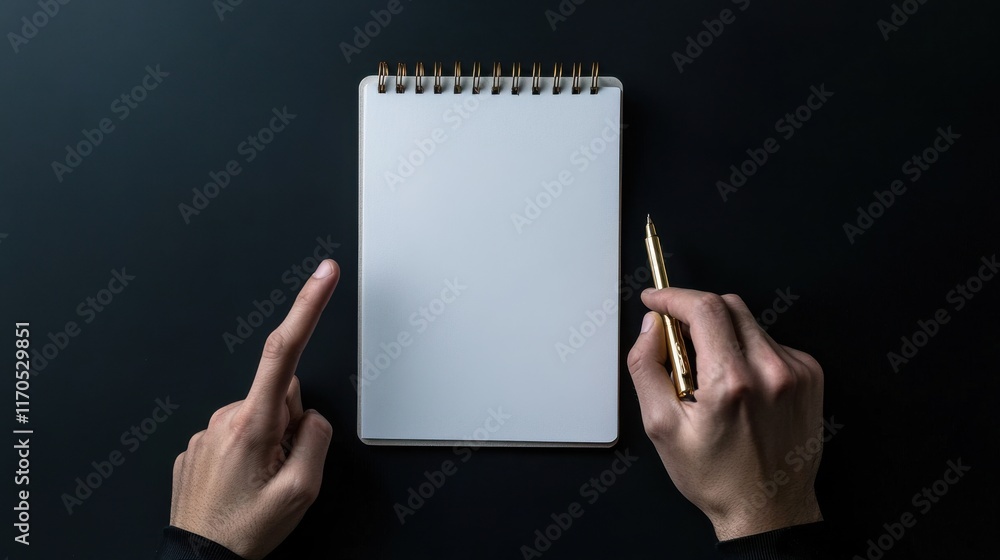 Aufkleber Person pointing at a blank notepad while holding a pen in a minimalistic workspace