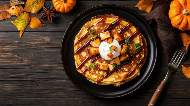 Ultra-detailed view of pumpkin crepes garnished with caramelized apples and a hint of whipped cream, styled with seasonal textures