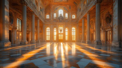 Fototapeta premium Sunlit Palace Hall Columns And Windows
