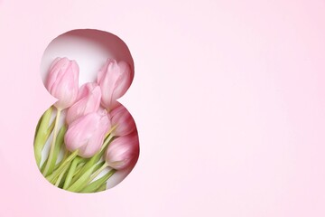 Fototapeta premium Paper cut out figure eight on pink background with fresh tulips. Concept of 8 march, Women's day