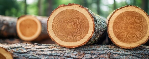 ESG environment waste awareness Concept. Close-up of freshly cut tree logs showing rings and natural wood texture, set against a blurred forest backdrop.