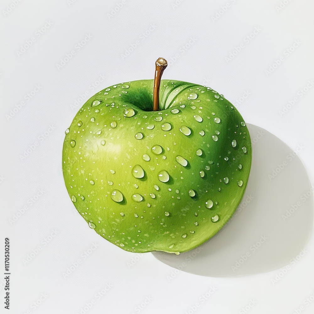 Poster bright green apple adorned with glistening water droplets in soft light setting on a smooth surface