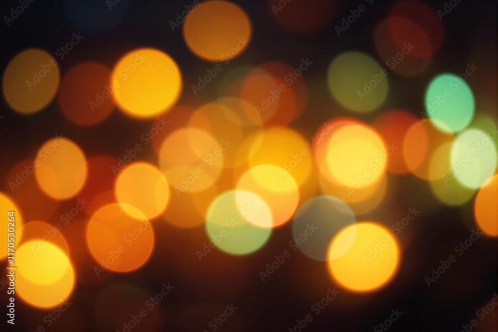 Poster soft, colorful blurred bokeh lights of various sizes on a dark background. warm and cozy abstract vi
