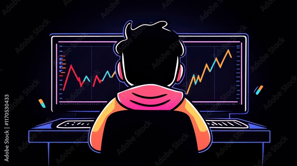 Poster person analyzing stock market data on computer screen financial charts and graphs