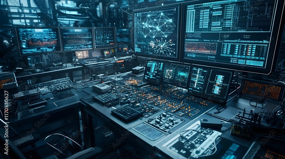 Poster cutting edge quantum computer laboratory showcasing the optimization of electrical current flow in c