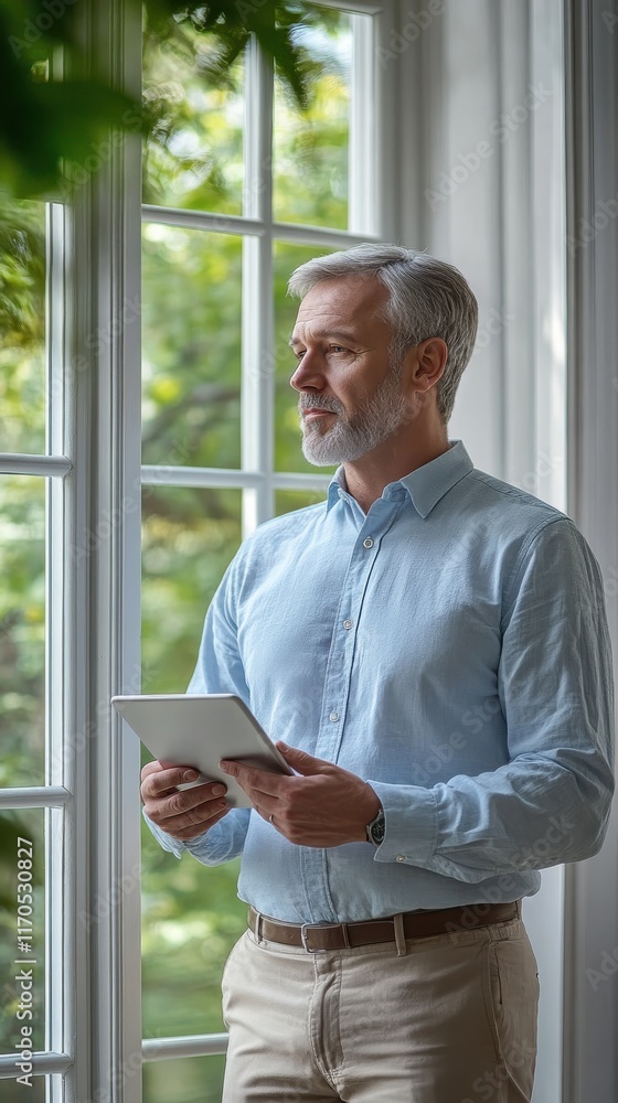 Aufkleber serene moment captured with a man holding a tablet while gazing out of a sunlit window in a lush gre