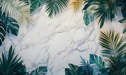 Tropical leaves frame on marble background.