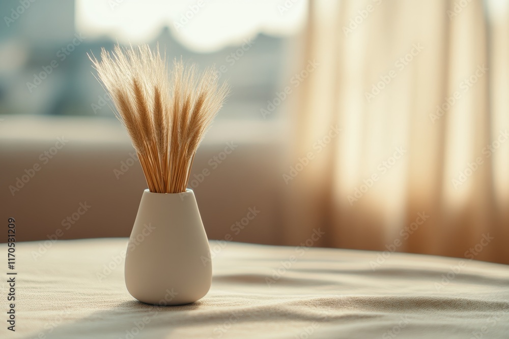 Aufkleber Close-up view of soft pampas grass elegantly arranged in a minimalist vase, complemented by flowing beige fabric resting on a textured white surface