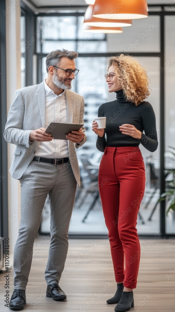 Poster business professionals collaborate in a modern office setting during the morning hours in a stylish 