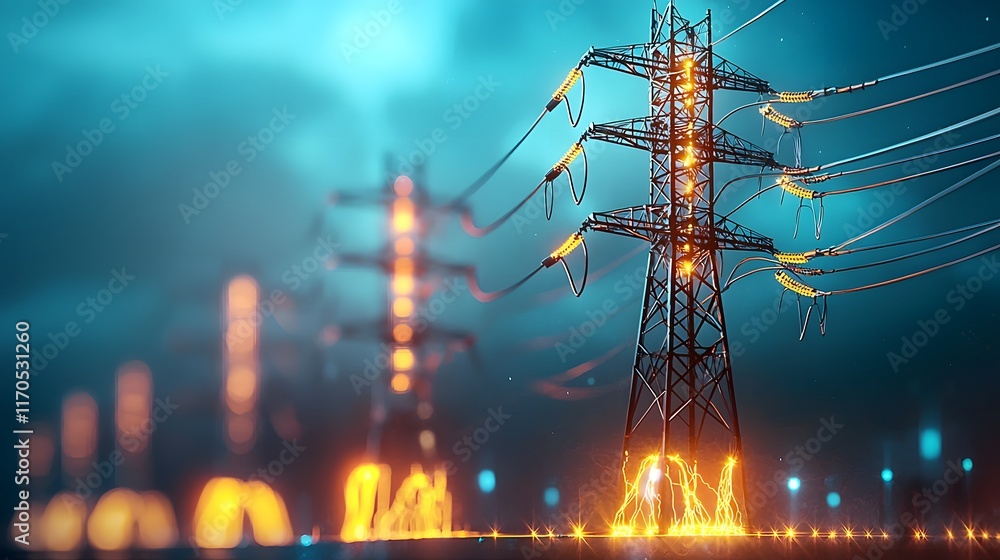 Poster quantum powered virtual twin visualizing smart grid electricity flow with glowing pathways and volta