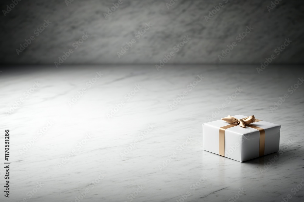 Poster a pristine white gift box featuring a gold ribbon bow rests on a smooth marble surface, casting soft