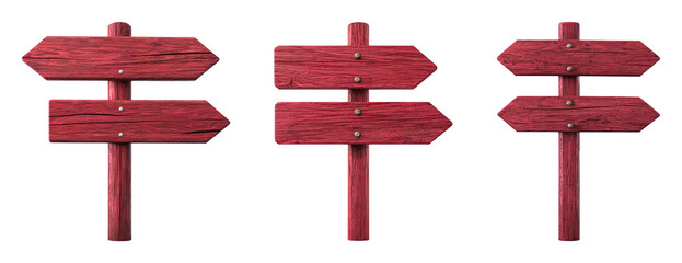 Set of three red wooden directional signs