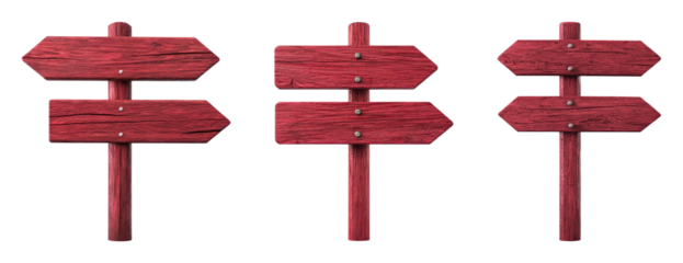 Set of three red wooden directional signs
