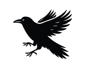 Crow., raven, bird black and white silhouette vector illustration.
