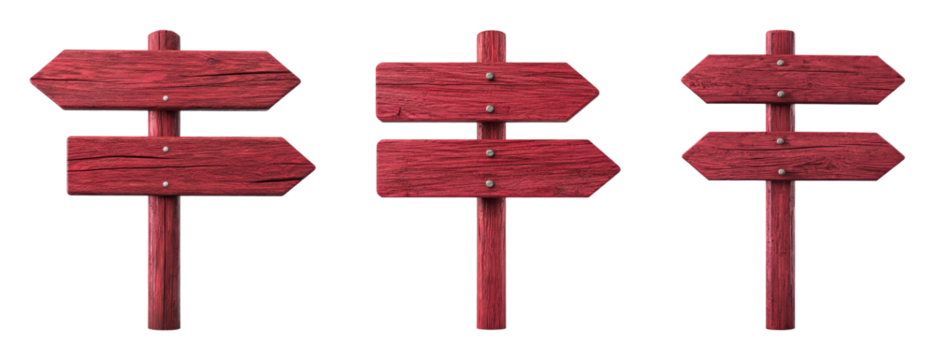 Set of three red wooden directional signs