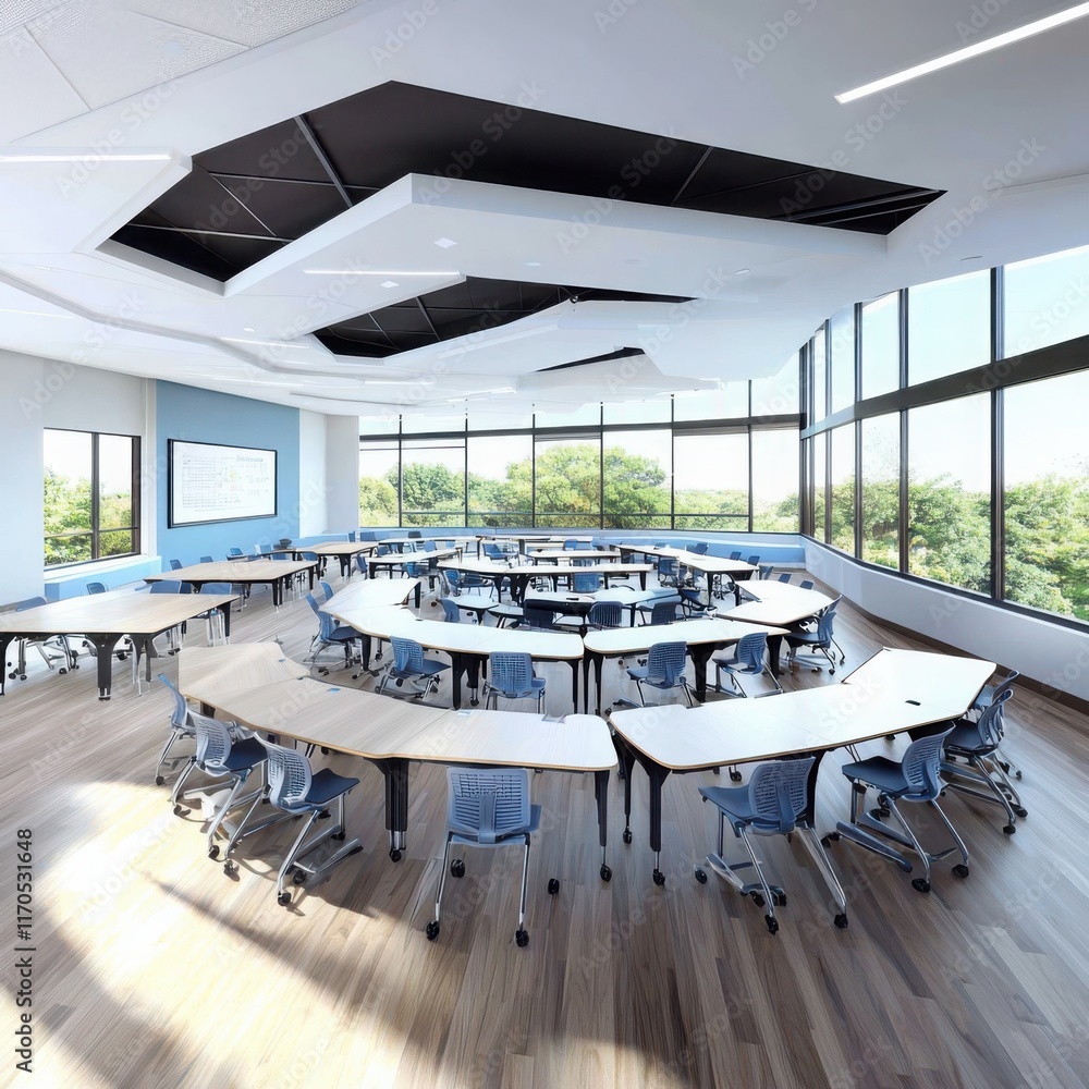 Poster Innovative classroom design featuring geometric middle circle and outer square setup modern learning environment educational space innovative concept