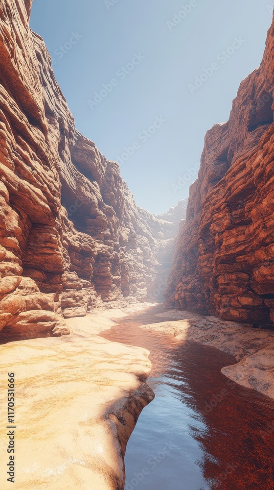 Poster exploring a narrow canyon with steep rock formations and a tranquil waterway under a clear sky