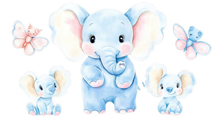 Fototapeta premium Adorable watercolor illustration of baby elephant with butterflies, showcasing cute and playful scene. soft pastel colors and charming expressions create whimsical atmosphere