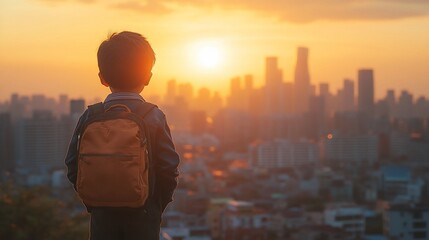 Fototapeta premium Young Boy Contemplating City Skyline at Sunset