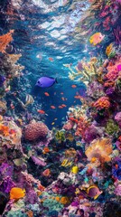 Obraz premium Vibrant underwater coral reef teeming with colorful marine life and sunlit waters