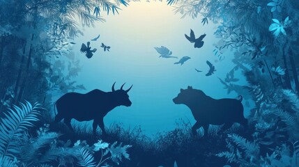 Forest animals facing, birds flying, blue toned, nature scene, wallpaper.