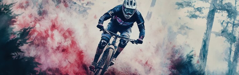 Dynamic mountain biker navigating through colorful mist in a forest setting during an energetic outdoor event